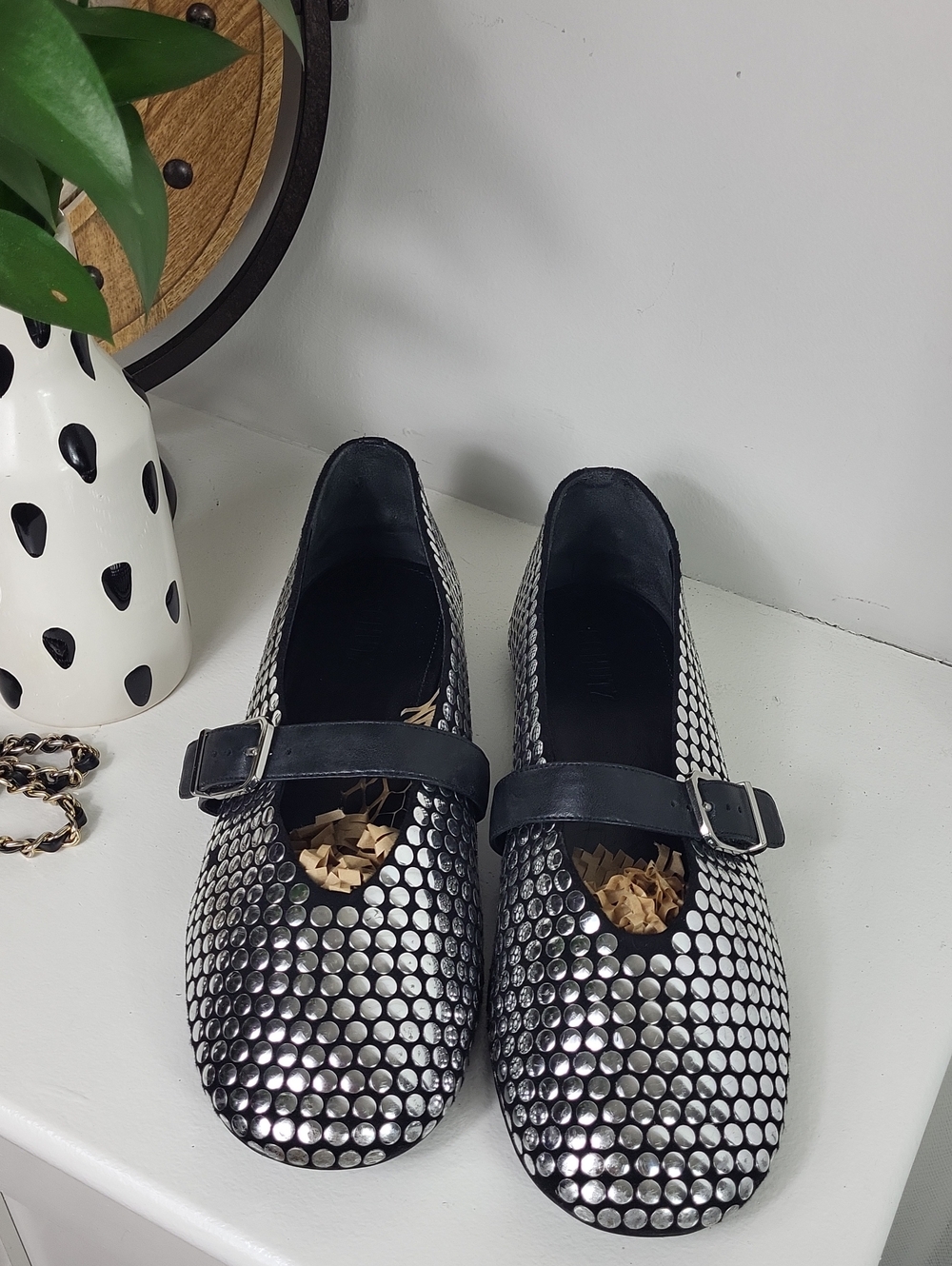 Schutz Eiza Studded Ballet Flats. Black with Silver Studs. Size 9,5